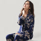 Floral Print Satin Pajama Set Long Sleeve Button-Up Top with Contrast Piping and Matching Lounge Pants