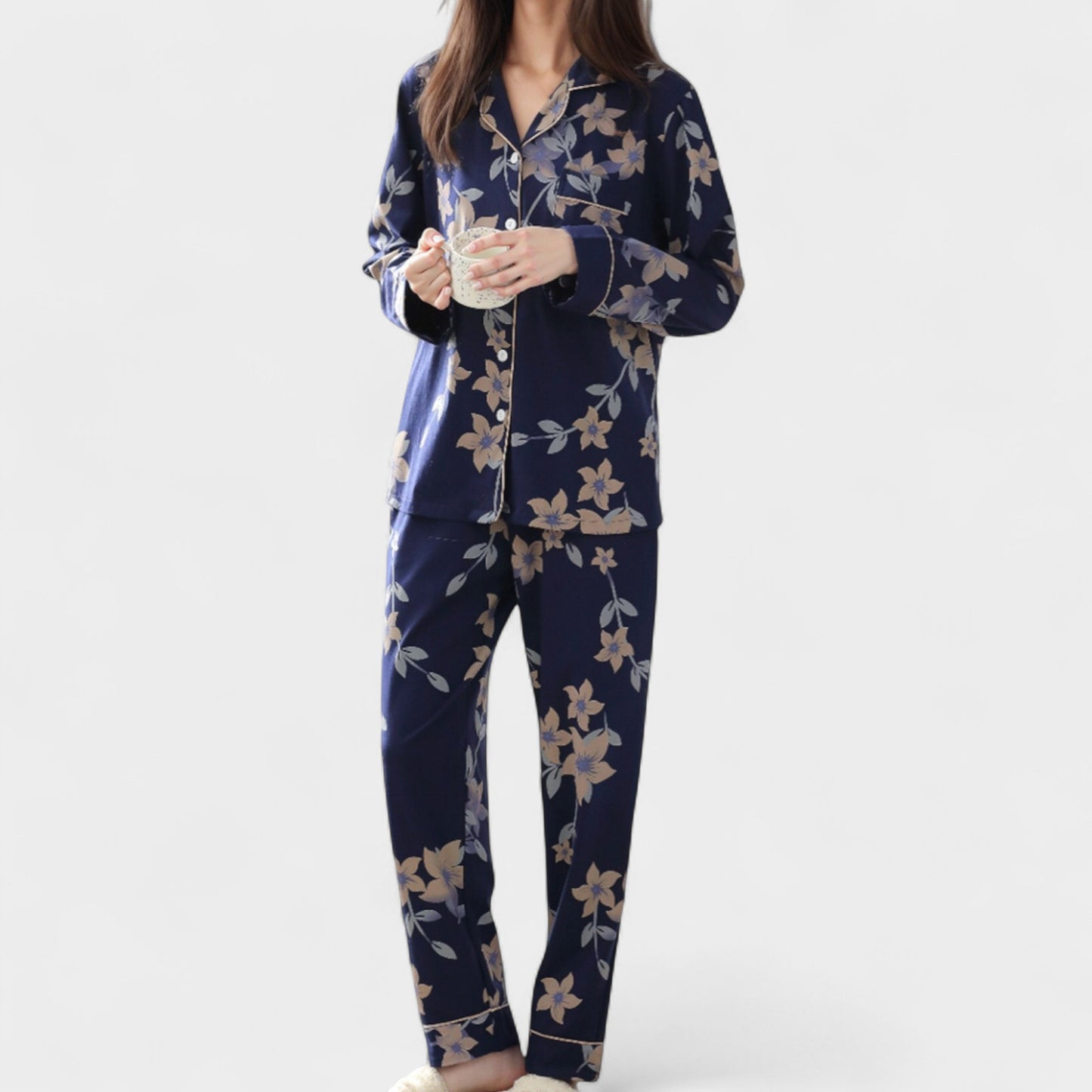 Floral Print Satin Pajama Set Long Sleeve Button-Up Top with Contrast Piping and Matching Lounge Pants