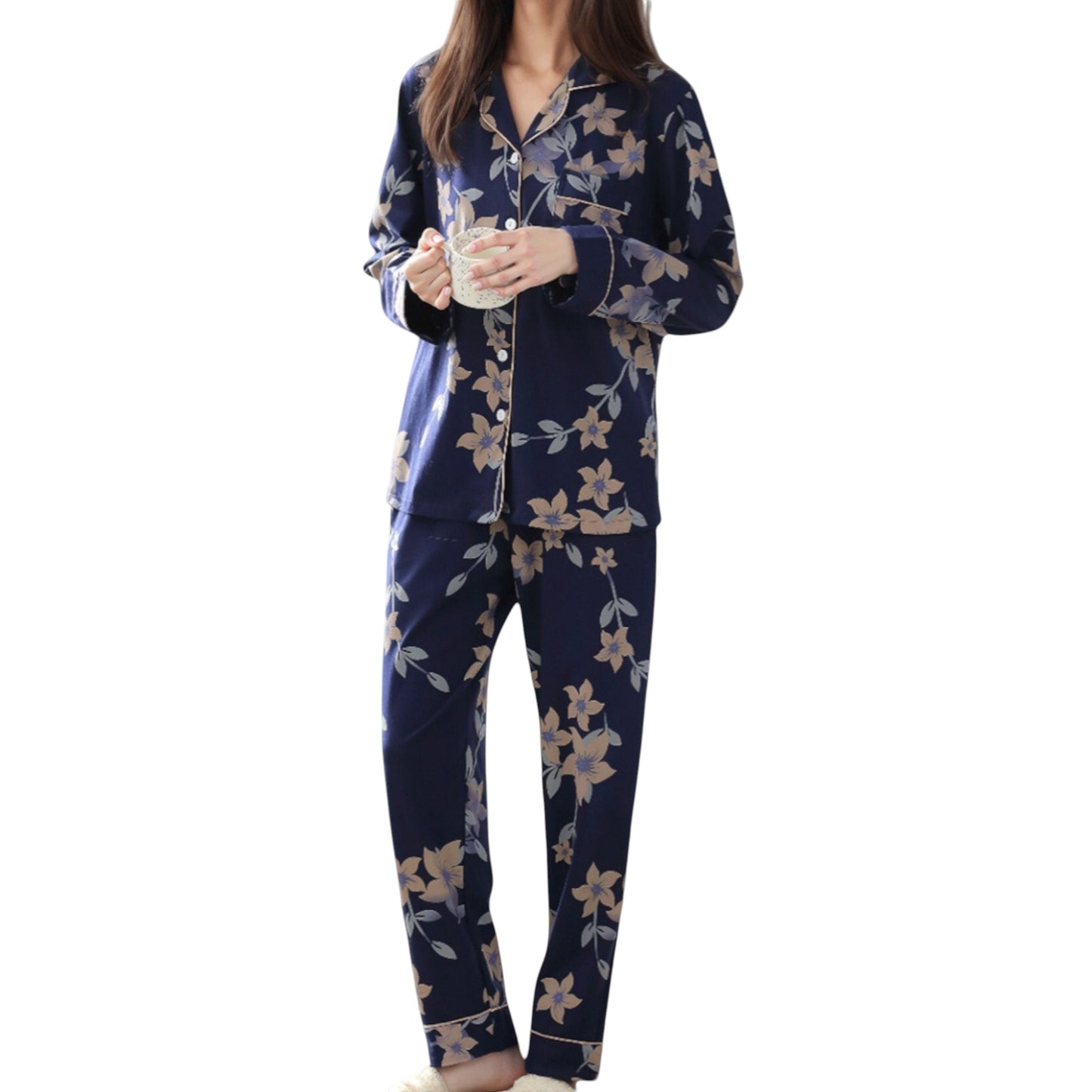 Floral Print Satin Pajama Set Long Sleeve Button-Up Top with Contrast Piping and Matching Lounge Pants