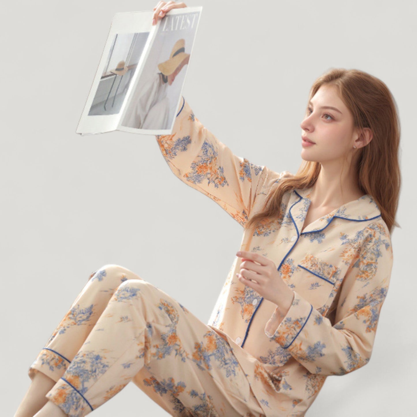 Floral Print Satin Pajama Set Long Sleeve Button-Up Top with Contrast Piping and Matching Lounge Pants