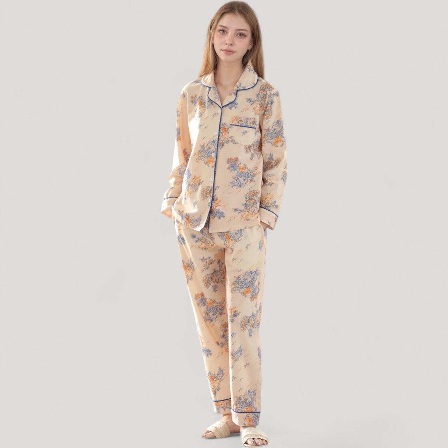 Floral Print Satin Pajama Set Long Sleeve Button-Up Top with Contrast Piping and Matching Lounge Pants