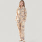 Floral Print Satin Pajama Set Long Sleeve Button-Up Top with Contrast Piping and Matching Lounge Pants