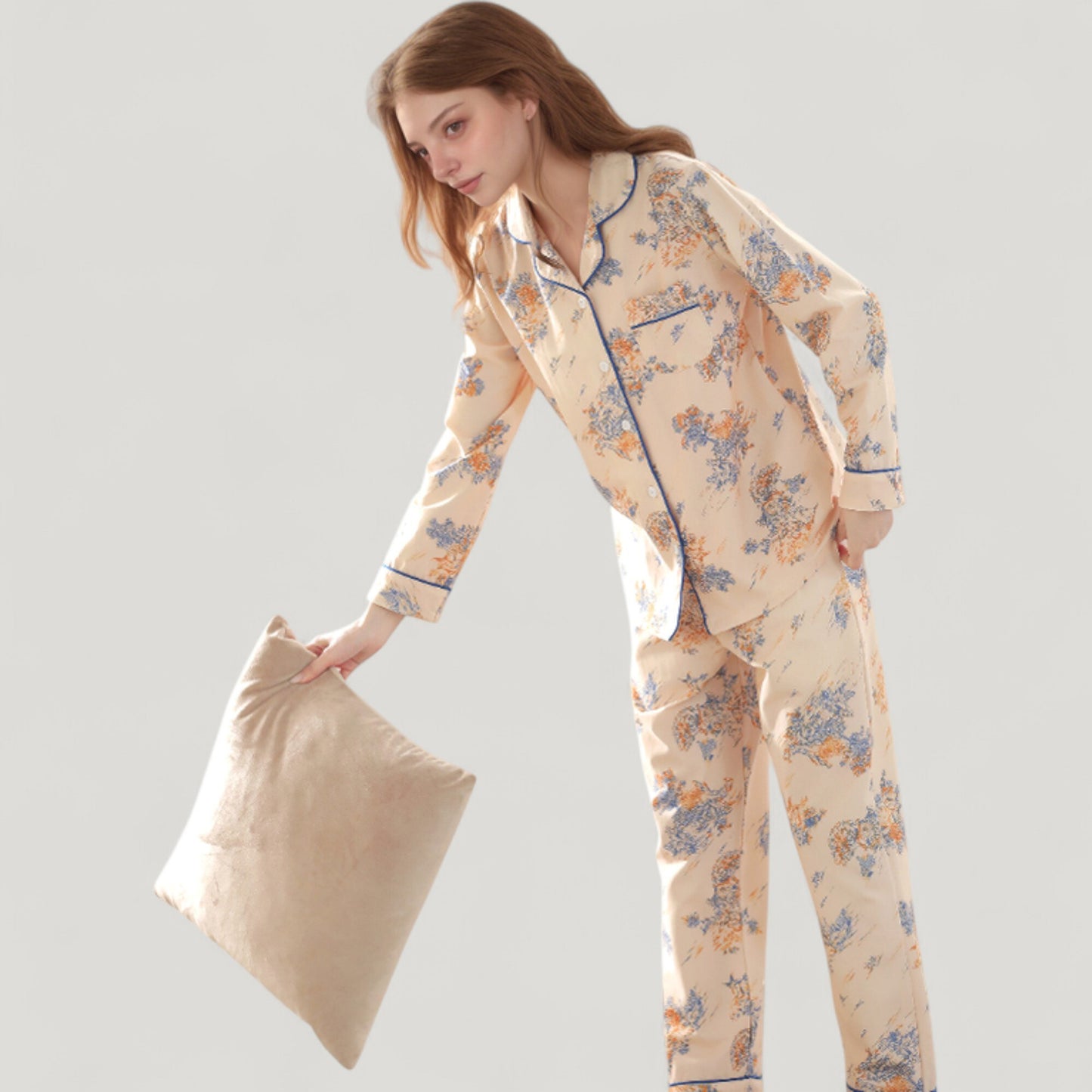 Floral Print Satin Pajama Set Long Sleeve Button-Up Top with Contrast Piping and Matching Lounge Pants