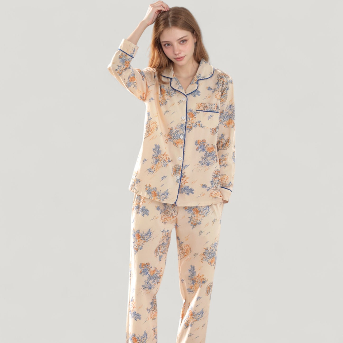 Floral Print Satin Pajama Set Long Sleeve Button-Up Top with Contrast Piping and Matching Lounge Pants