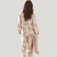 Floral Print Satin Pajama Set Long Sleeve Button-Up Top with Contrast Piping and Matching Lounge Pants
