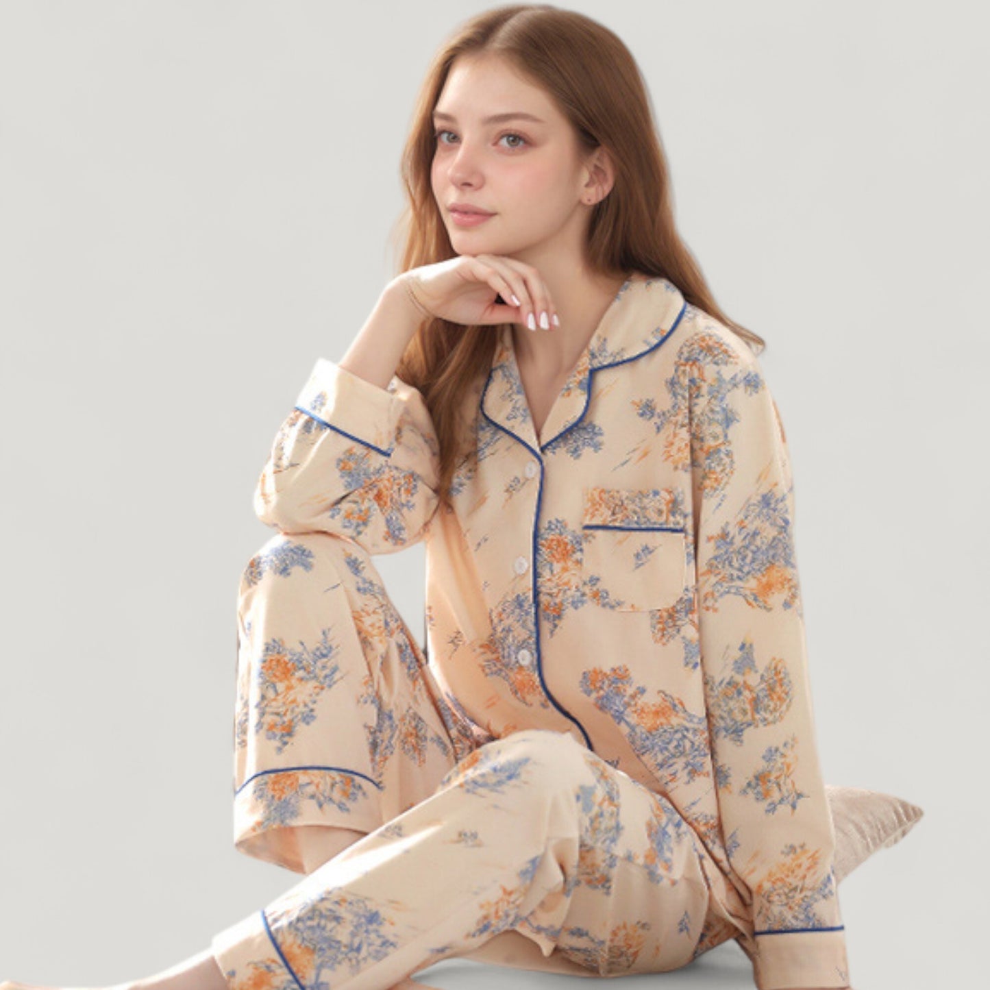 Floral Print Satin Pajama Set Long Sleeve Button-Up Top with Contrast Piping and Matching Lounge Pants