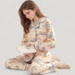 Floral Print Satin Pajama Set Long Sleeve Button-Up Top with Contrast Piping and Matching Lounge Pants