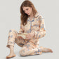 Floral Print Satin Pajama Set Long Sleeve Button-Up Top with Contrast Piping and Matching Lounge Pants