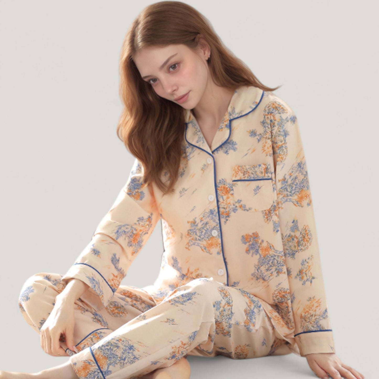 Floral Print Satin Pajama Set Long Sleeve Button-Up Top with Contrast Piping and Matching Lounge Pants