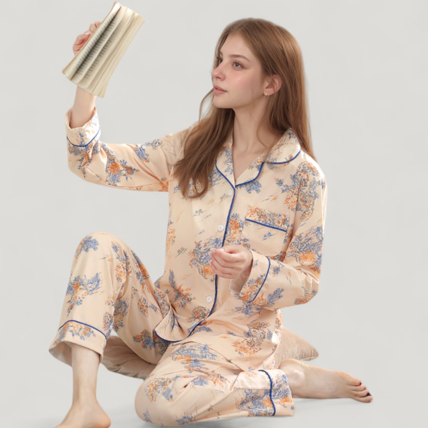 Floral Print Satin Pajama Set Long Sleeve Button-Up Top with Contrast Piping and Matching Lounge Pants