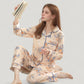 Floral Print Satin Pajama Set Long Sleeve Button-Up Top with Contrast Piping and Matching Lounge Pants