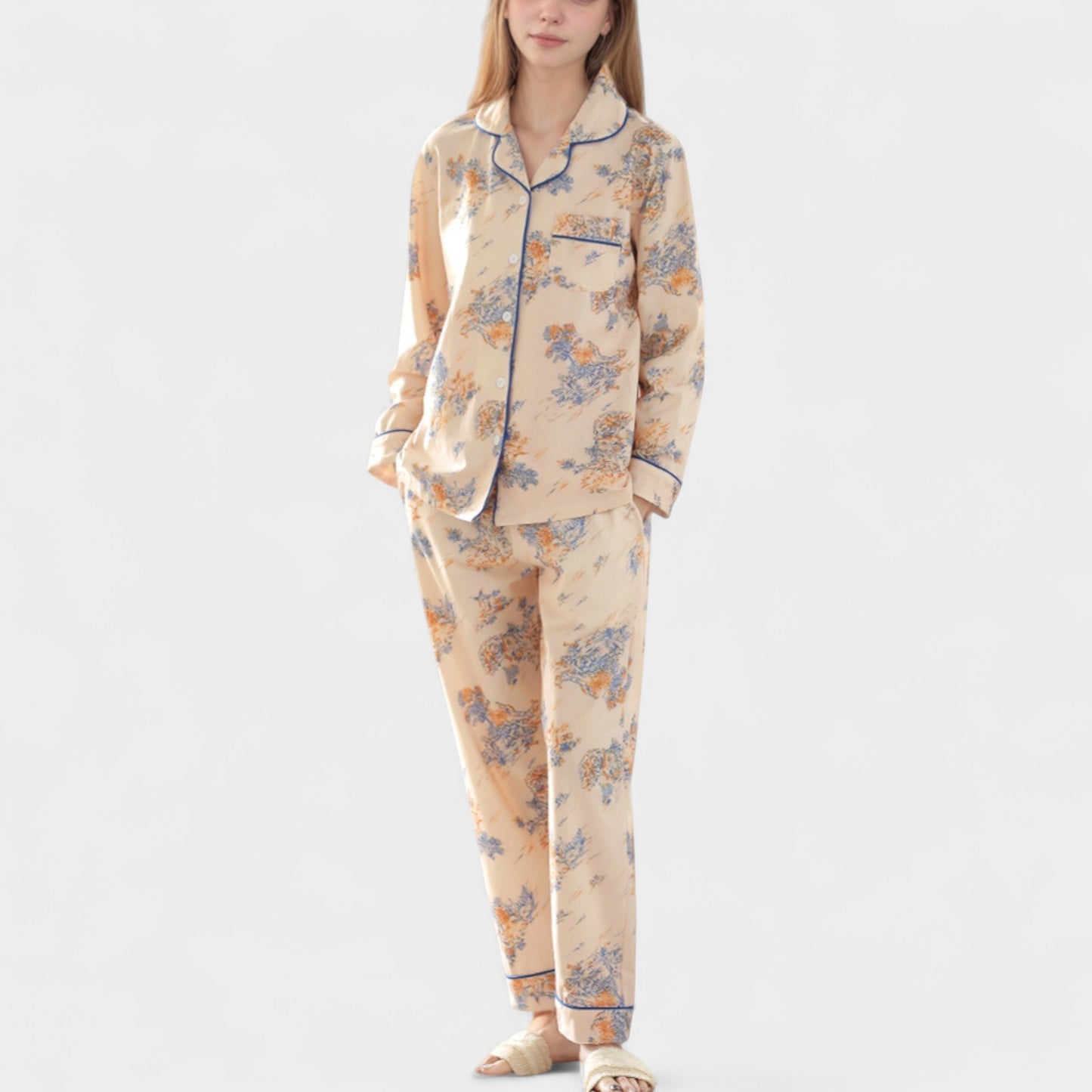 Floral Print Satin Pajama Set Long Sleeve Button-Up Top with Contrast Piping and Matching Lounge Pants