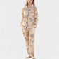 Floral Print Satin Pajama Set Long Sleeve Button-Up Top with Contrast Piping and Matching Lounge Pants