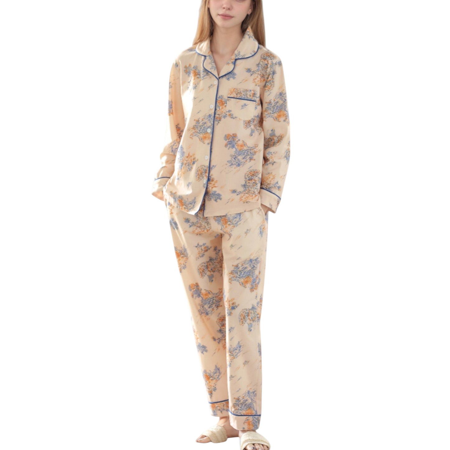 Floral Print Satin Pajama Set Long Sleeve Button-Up Top with Contrast Piping and Matching Lounge Pants