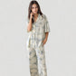 Short Sleeve Watercolor Print Satin Pajama Set with Button Up Top and Wide Leg Pants