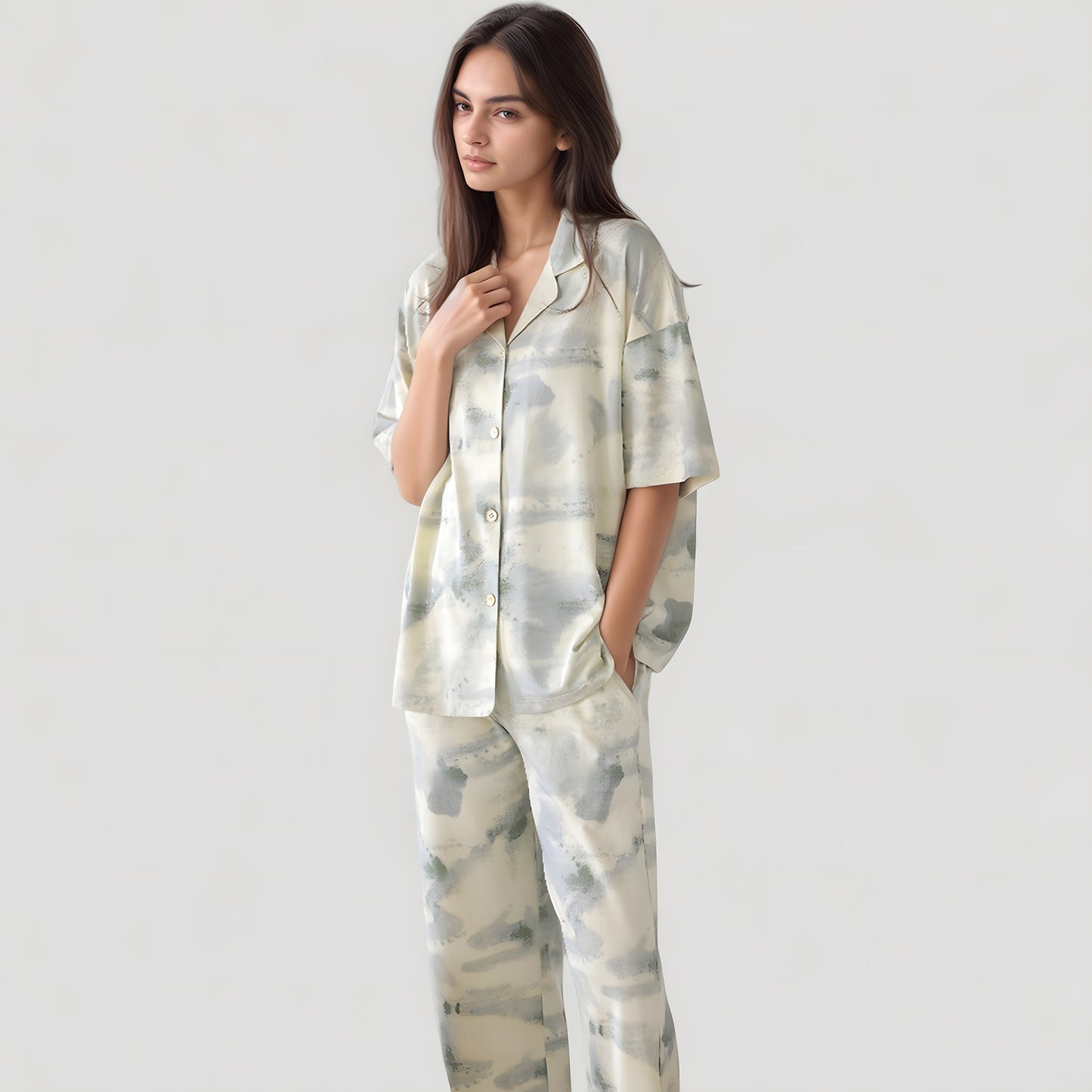 Short Sleeve Watercolor Print Satin Pajama Set with Button Up Top and Wide Leg Pants