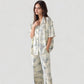 Short Sleeve Watercolor Print Satin Pajama Set with Button Up Top and Wide Leg Pants