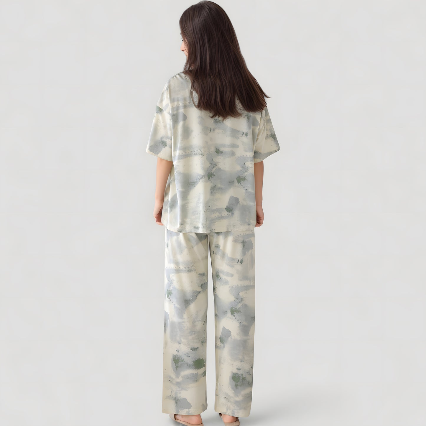 Short Sleeve Watercolor Print Satin Pajama Set with Button Up Top and Wide Leg Pants