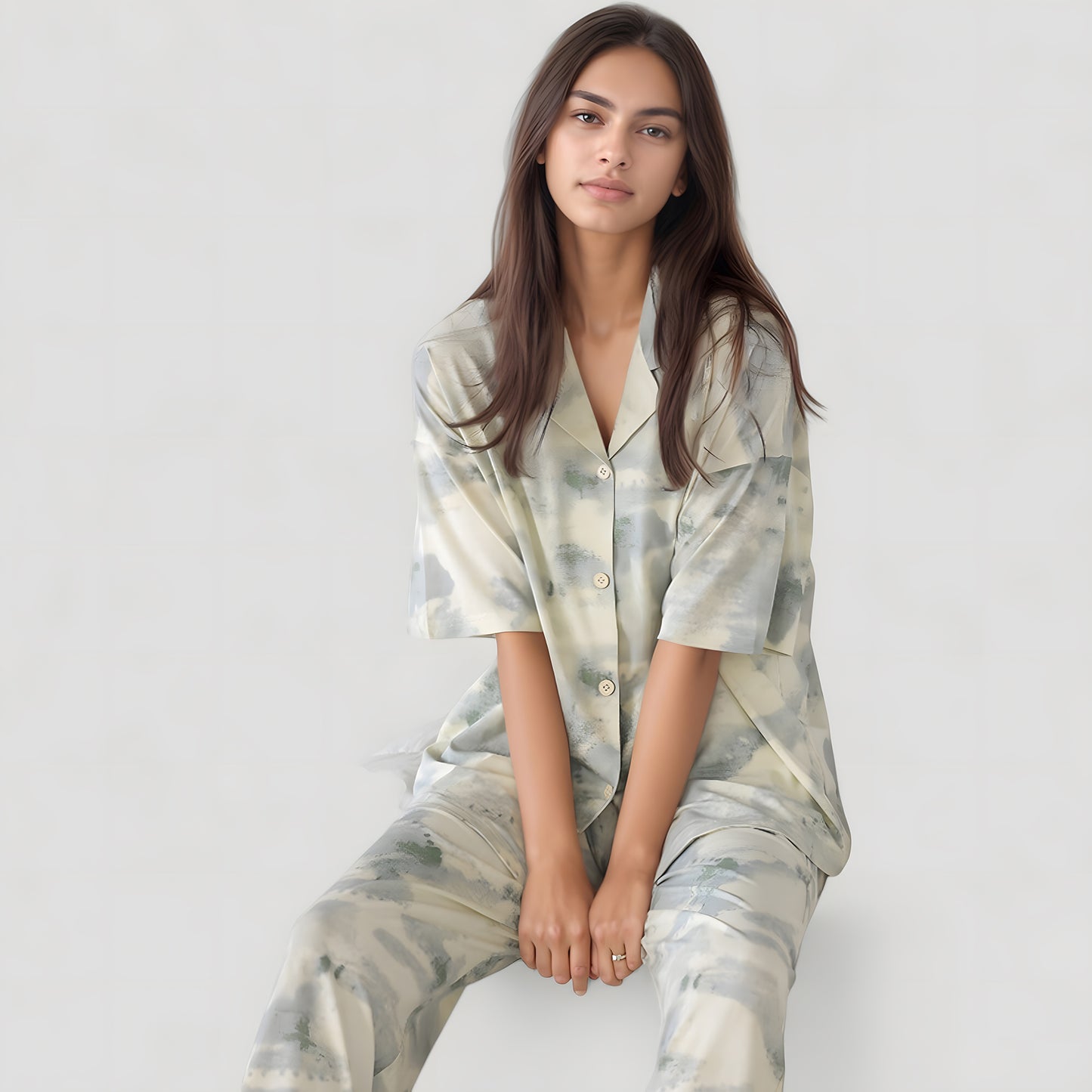 Short Sleeve Watercolor Print Satin Pajama Set with Button Up Top and Wide Leg Pants