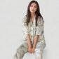 Short Sleeve Watercolor Print Satin Pajama Set with Button Up Top and Wide Leg Pants