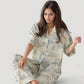 Short Sleeve Watercolor Print Satin Pajama Set with Button Up Top and Wide Leg Pants