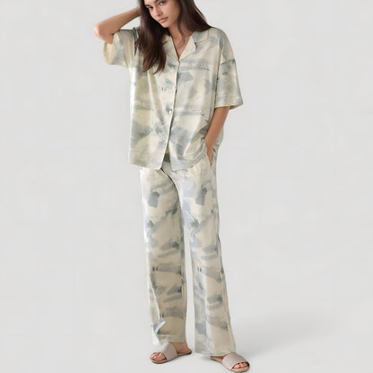 Short Sleeve Watercolor Print Satin Pajama Set with Button Up Top and Wide Leg Pants