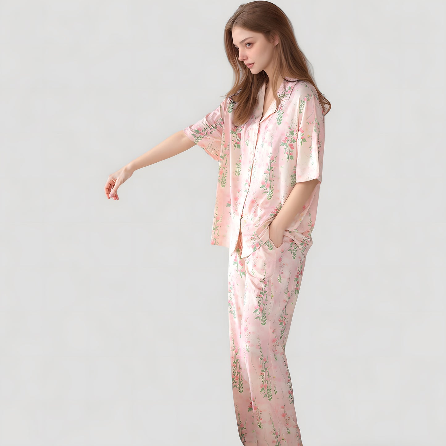 Short Sleeve Watercolor Print Satin Pajama Set with Button Up Top and Wide Leg Pants