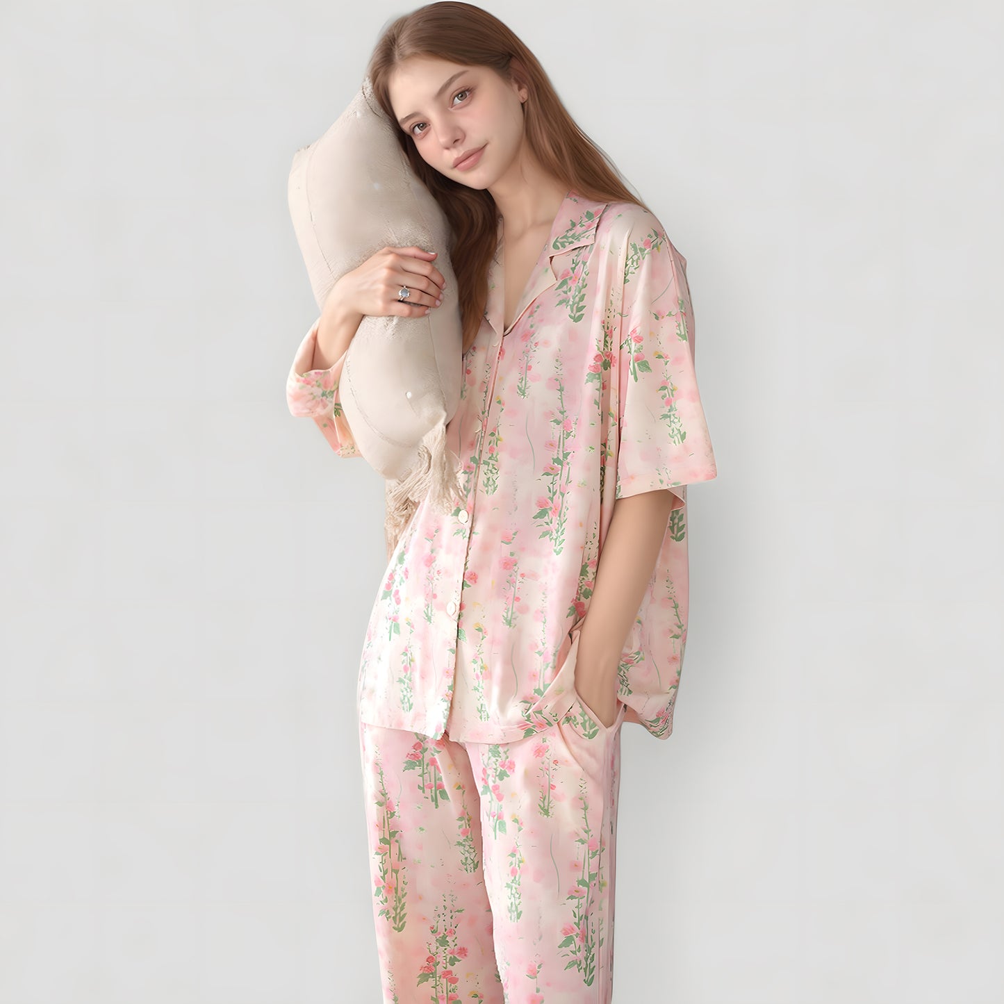 Short Sleeve Watercolor Print Satin Pajama Set with Button Up Top and Wide Leg Pants