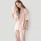Short Sleeve Watercolor Print Satin Pajama Set with Button Up Top and Wide Leg Pants