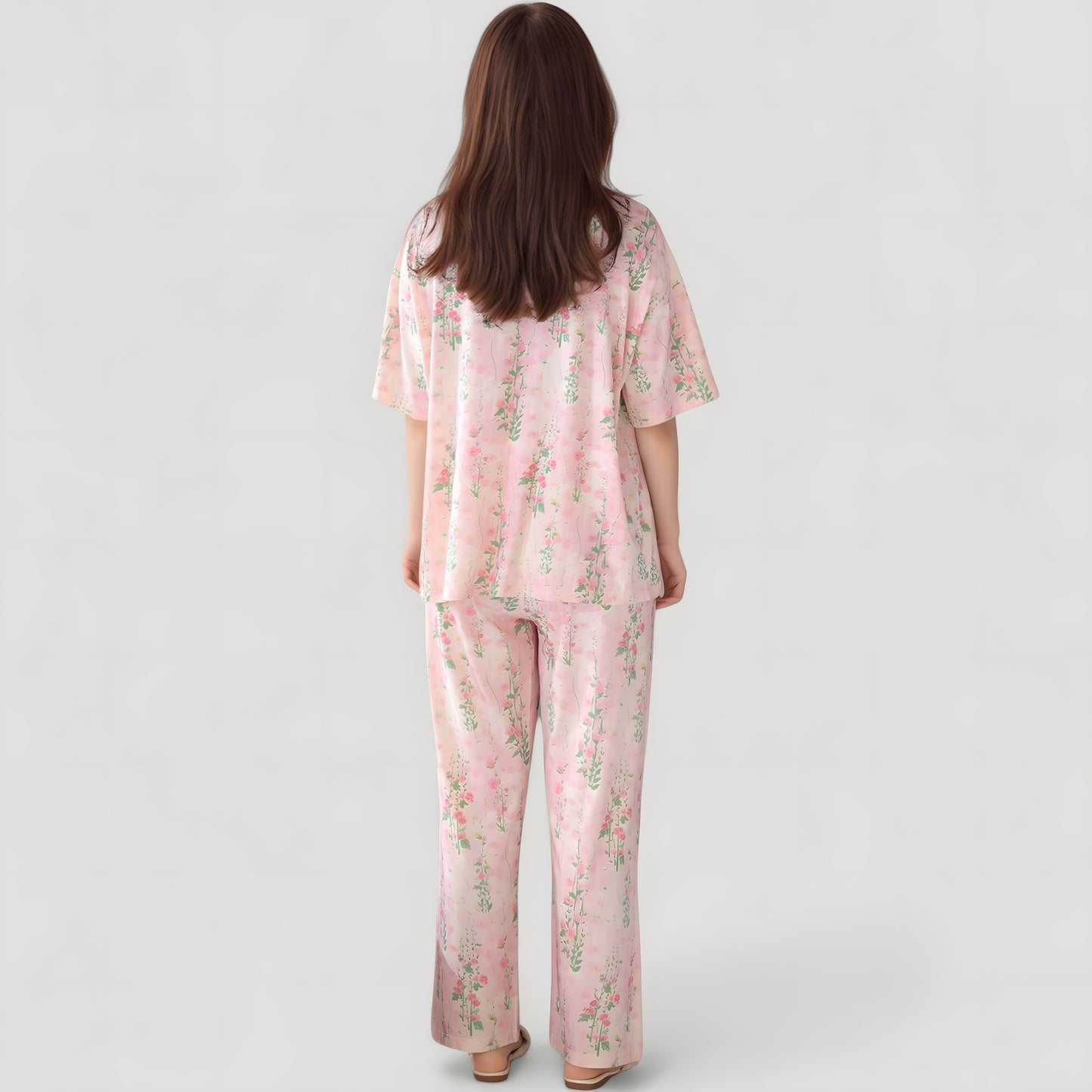 Short Sleeve Watercolor Print Satin Pajama Set with Button Up Top and Wide Leg Pants