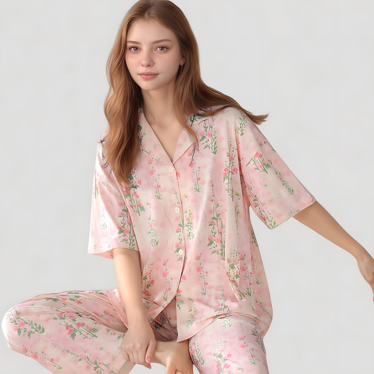 Short Sleeve Watercolor Print Satin Pajama Set with Button Up Top and Wide Leg Pants