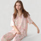 Short Sleeve Watercolor Print Satin Pajama Set with Button Up Top and Wide Leg Pants