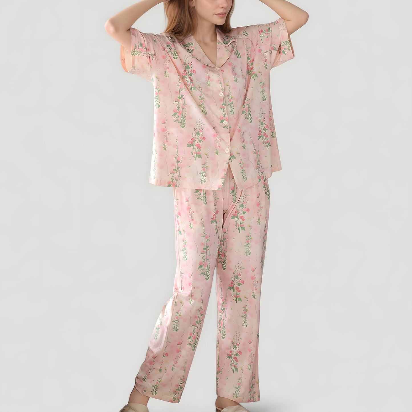 Short Sleeve Watercolor Print Satin Pajama Set with Button Up Top and Wide Leg Pants
