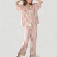 Short Sleeve Watercolor Print Satin Pajama Set with Button Up Top and Wide Leg Pants