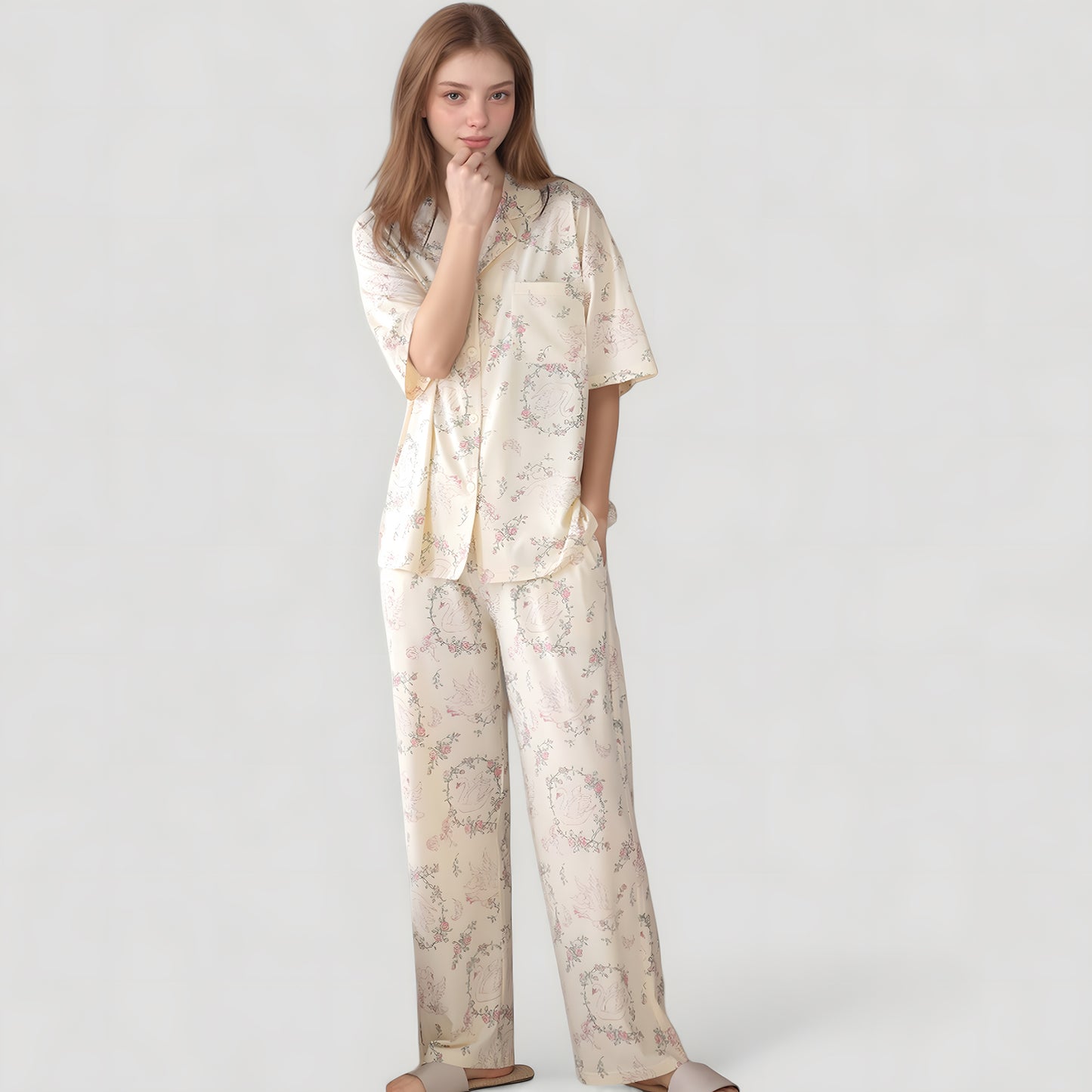 Short Sleeve Watercolor Print Satin Pajama Set with Button Up Top and Wide Leg Pants