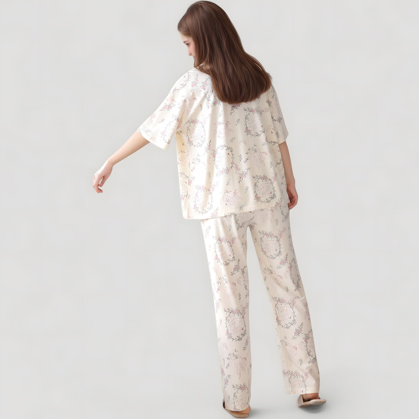 Short Sleeve Watercolor Print Satin Pajama Set with Button Up Top and Wide Leg Pants