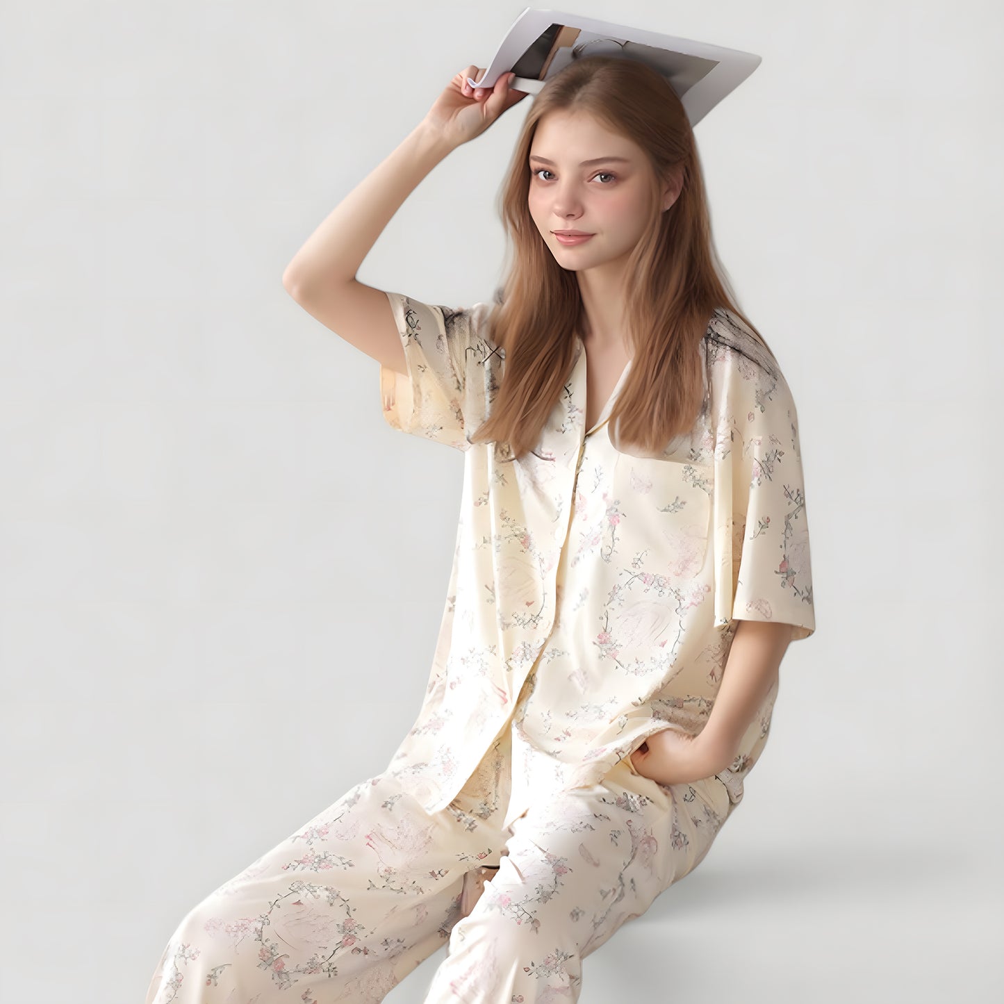 Short Sleeve Watercolor Print Satin Pajama Set with Button Up Top and Wide Leg Pants