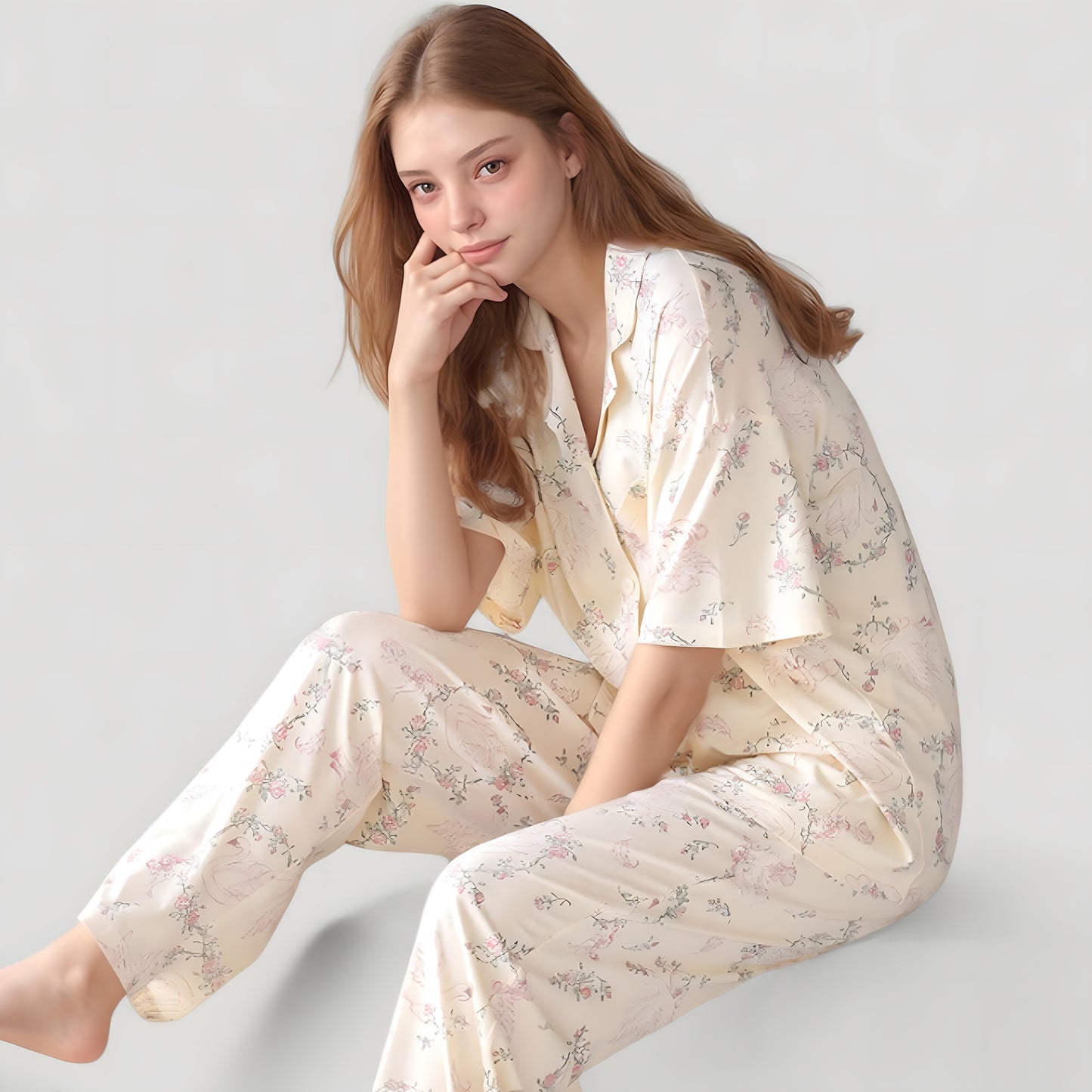 Short Sleeve Watercolor Print Satin Pajama Set with Button Up Top and Wide Leg Pants