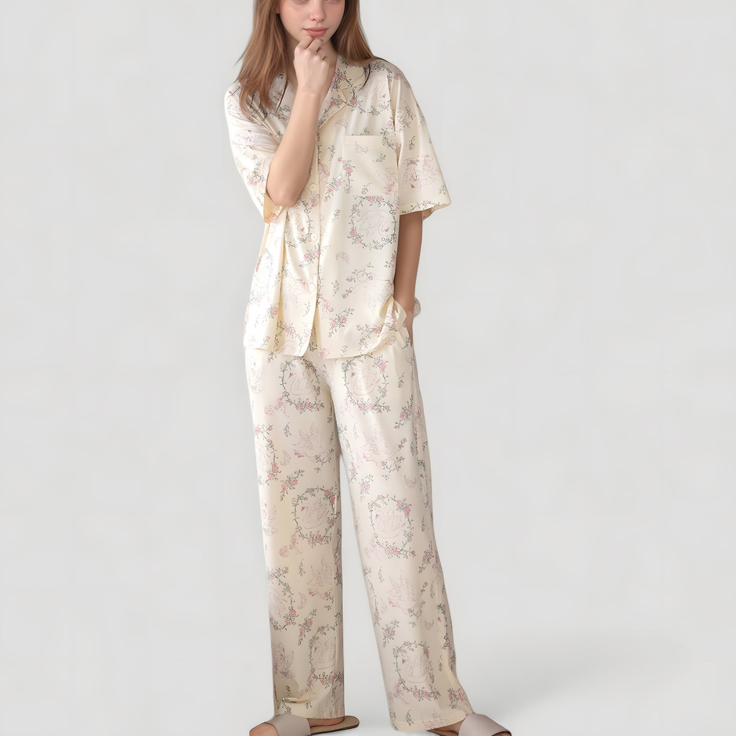 Short Sleeve Watercolor Print Satin Pajama Set with Button Up Top and Wide Leg Pants