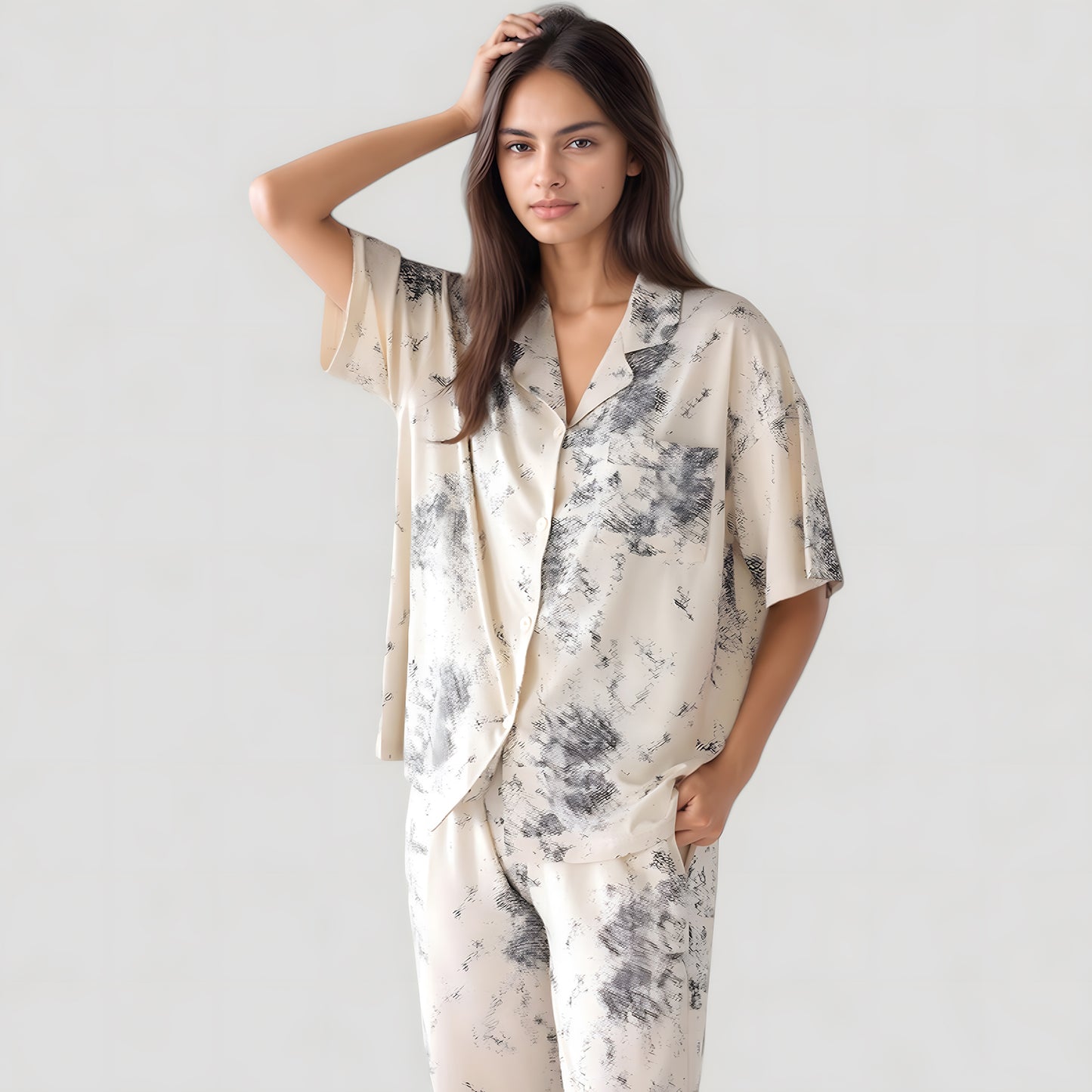 Short Sleeve Watercolor Print Satin Pajama Set with Button Up Top and Wide Leg Pants