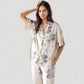 Short Sleeve Watercolor Print Satin Pajama Set with Button Up Top and Wide Leg Pants