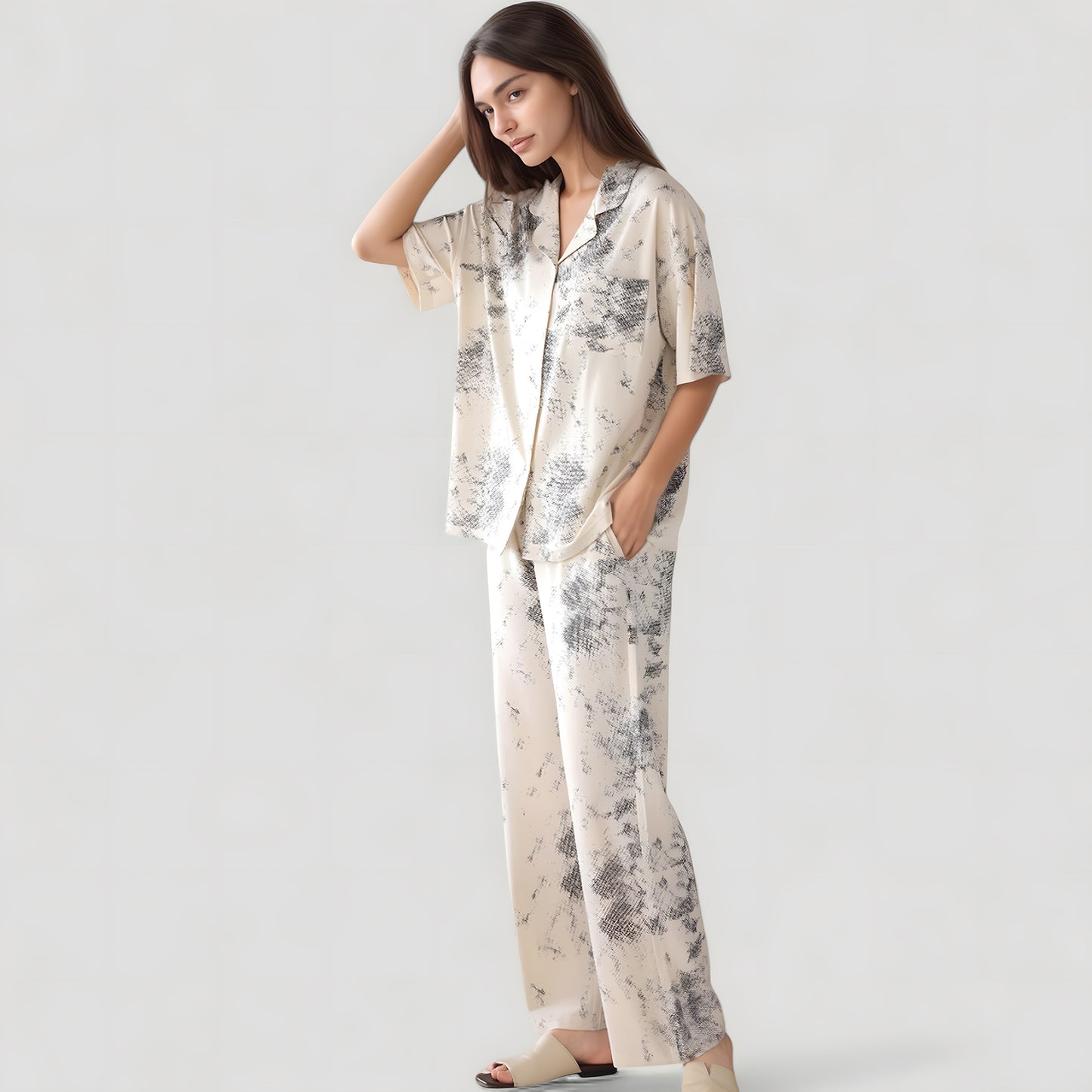 Short Sleeve Watercolor Print Satin Pajama Set with Button Up Top and Wide Leg Pants