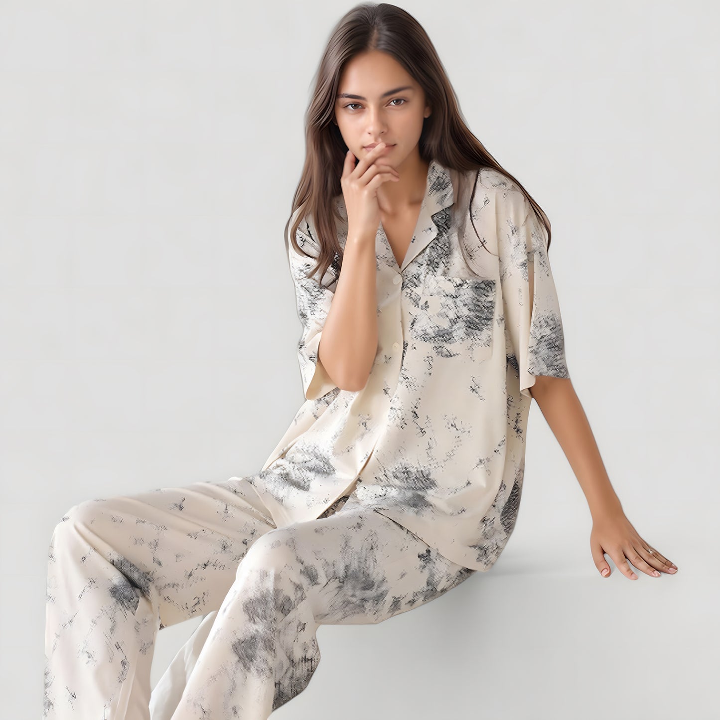 Short Sleeve Watercolor Print Satin Pajama Set with Button Up Top and Wide Leg Pants