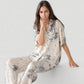 Short Sleeve Watercolor Print Satin Pajama Set with Button Up Top and Wide Leg Pants