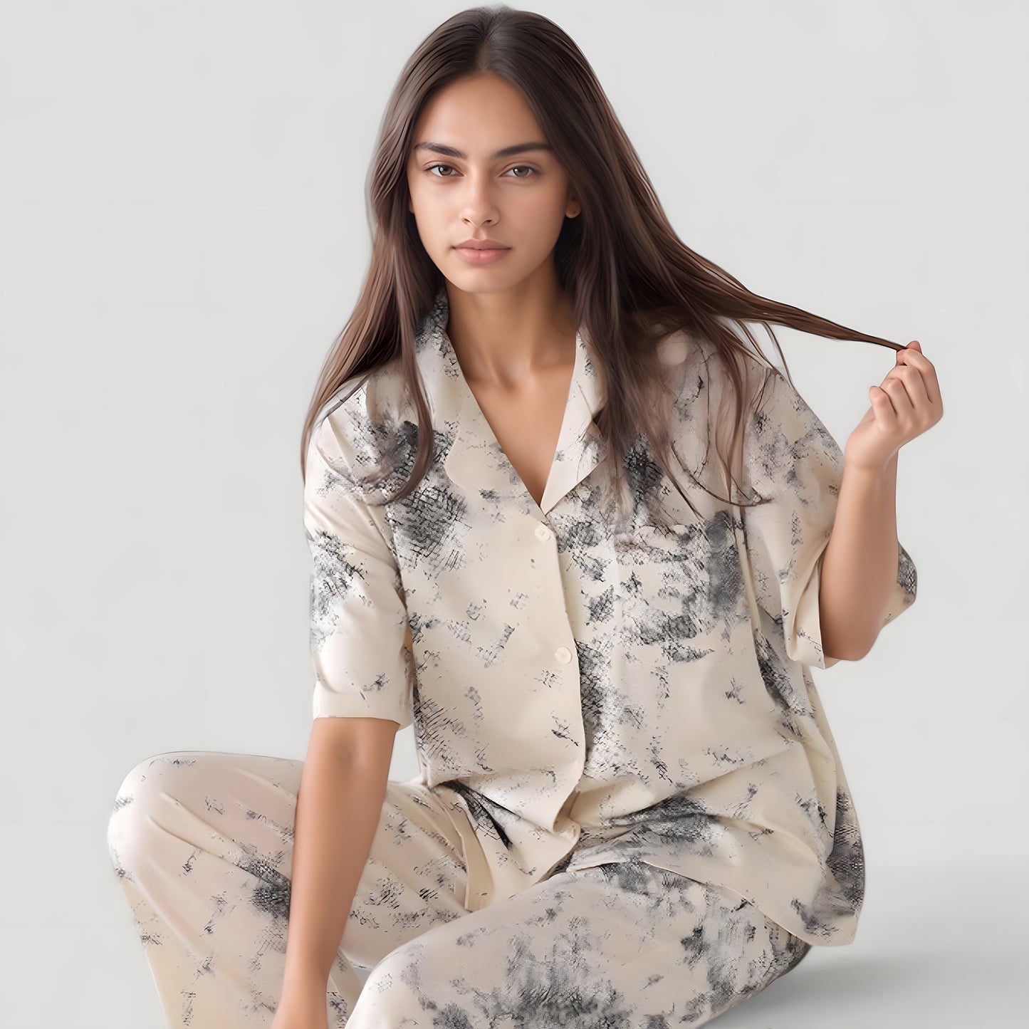 Short Sleeve Watercolor Print Satin Pajama Set with Button Up Top and Wide Leg Pants