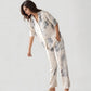 Short Sleeve Watercolor Print Satin Pajama Set with Button Up Top and Wide Leg Pants