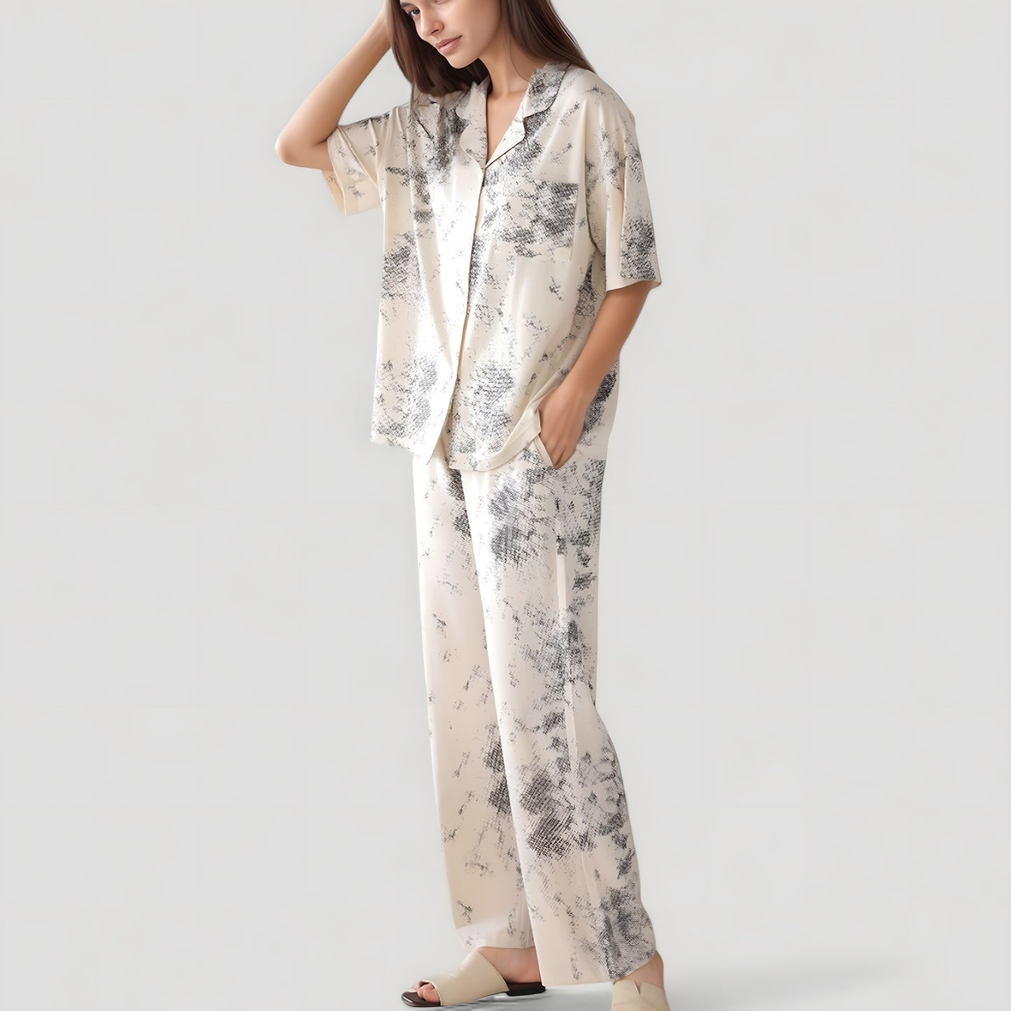 Short Sleeve Watercolor Print Satin Pajama Set with Button Up Top and Wide Leg Pants