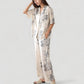 Short Sleeve Watercolor Print Satin Pajama Set with Button Up Top and Wide Leg Pants