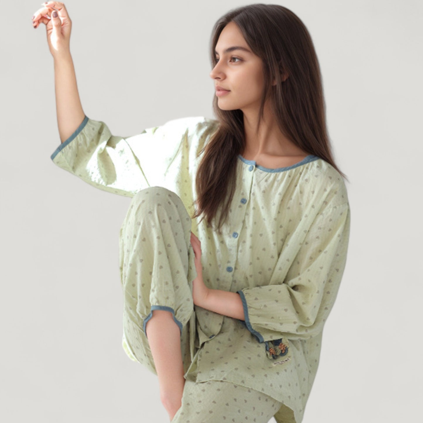 Floral Print Pajama Set with Round Neck Button Front Top and Relaxed Fit Full-Length Lounge Pants