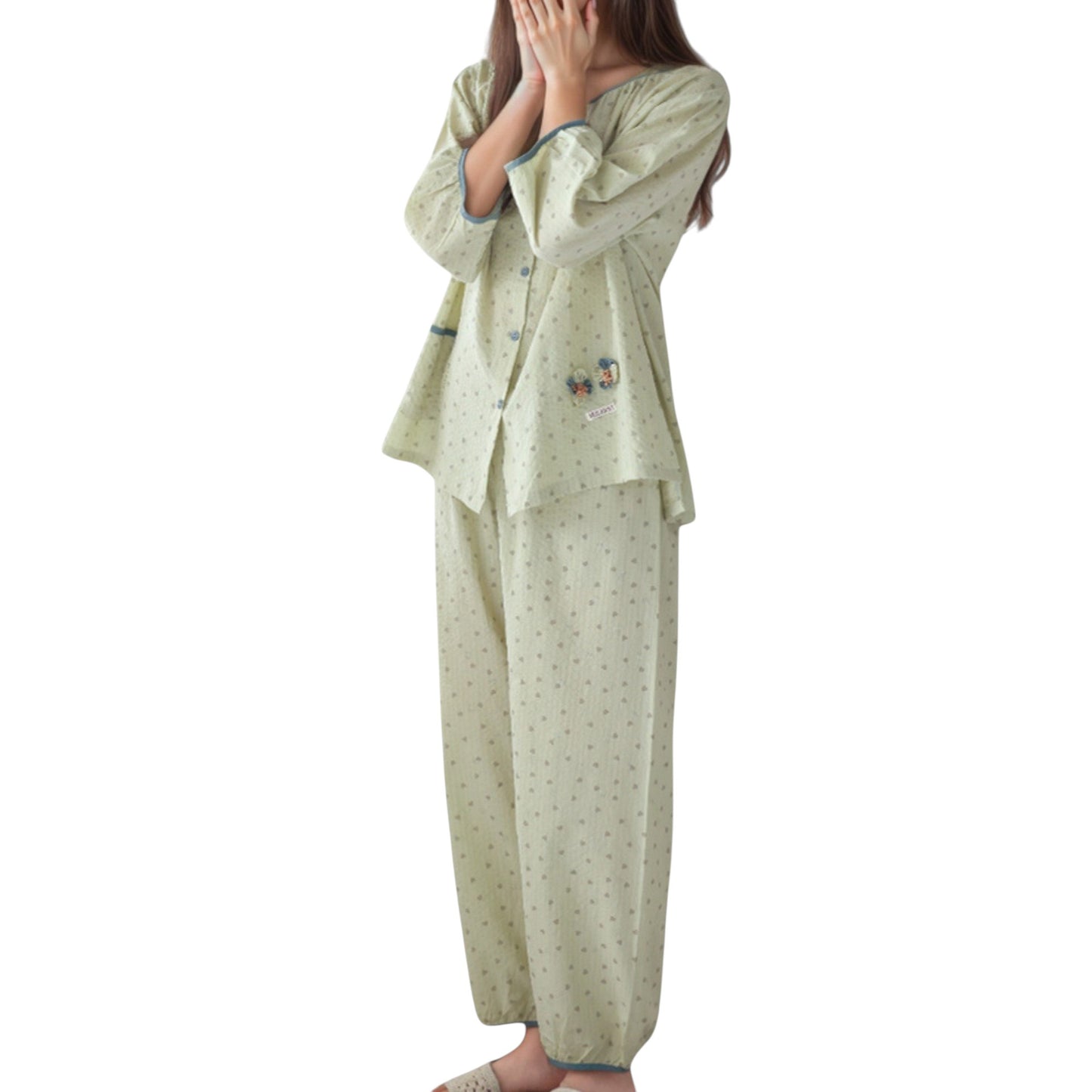 Floral Print Pajama Set with Round Neck Button Front Top and Relaxed Fit Full-Length Lounge Pants
